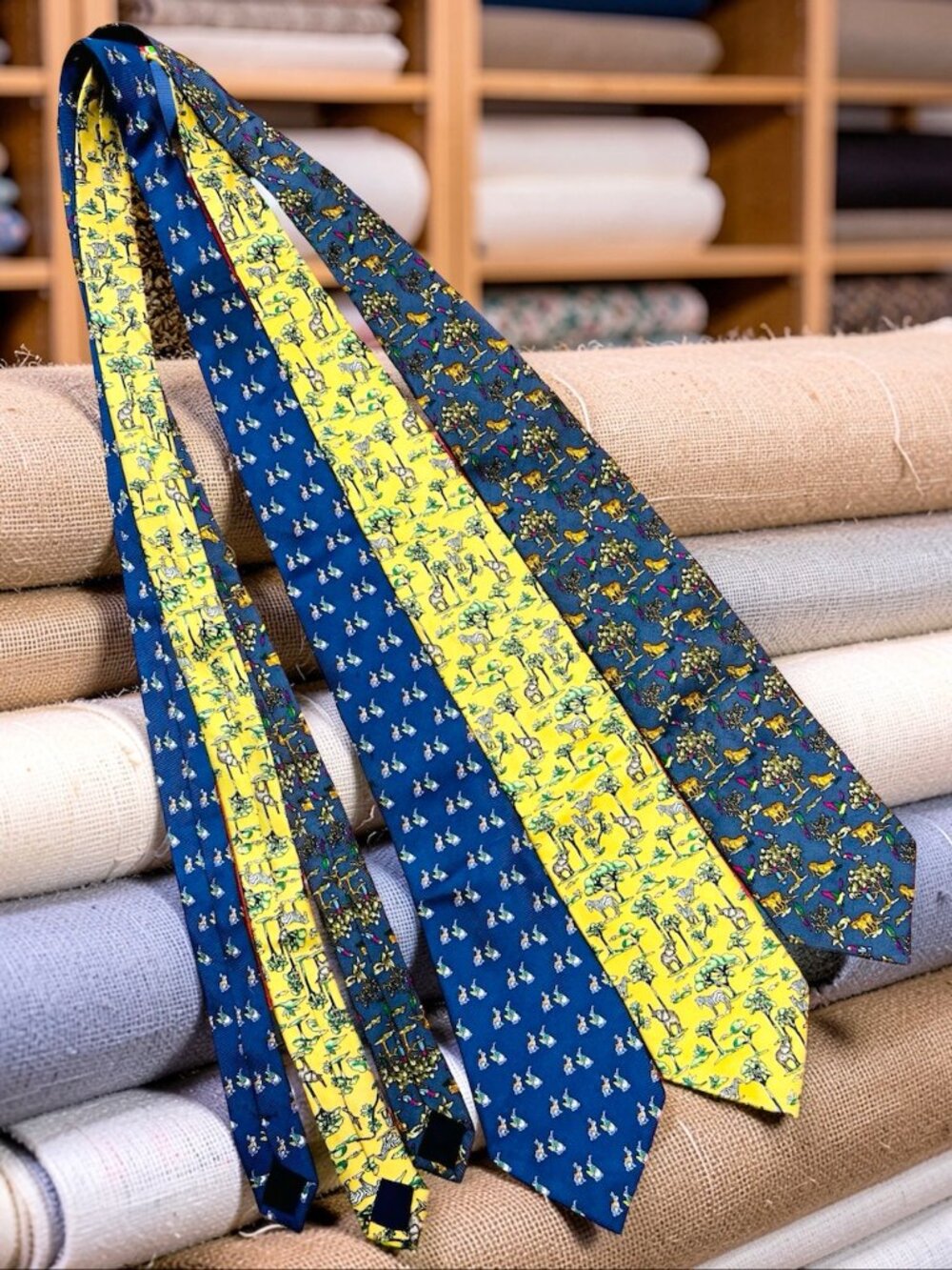 3 Necktie 100% Smooth Silky :Valentino Franco Brown Gray Yellow Animal Print (28